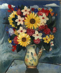 ALBERTO DA VEIGA GUIGNARD (ATTR) BRAZILIAN 1896-1962: Still Life, (Yellow Vase with Flowers), oil on canvas, 23.2 x 27.8 in (59 x 70.6 cm), signed lower left, dated 1930's