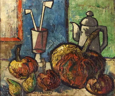 CLAUDE VENARD FRENCH 1913-1999: Still Life, oil on canvas, 18 1/4 x 21 3/4 in (46.4 x 55.2 cm), framed 29 1/2 x 33 in (74.9 x 83.8 cm), signed lower middle, remnants of a label verso