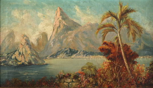 WILLIAM EDOUARD SCOTT AMERICAN 1884-1964: Landscape with Mountains and Palm Tree, oil on canvas, 17 x 30 in (43.2 x 76,.2 cm), framed 20 1/2 x 33 1/2 in (52 x 85 cm), signed lower right