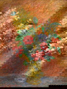 WILLIAM GLACKENS AMERICAN 1870-1938: Floral Still Life Delft Vase, oil on canvas board, 16 x 12 (40.6 x 30.5 cm), framed 22 x 18 in (55.9 x 45.7 cm), signed lower left
