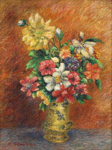 WILLIAM GLACKENS AMERICAN 1870-1938: Floral Still Life Delft Vase, oil on canvas board, 16 x 12 (40.6 x 30.5 cm), framed 22 x 18 in (55.9 x 45.7 cm), signed lower left