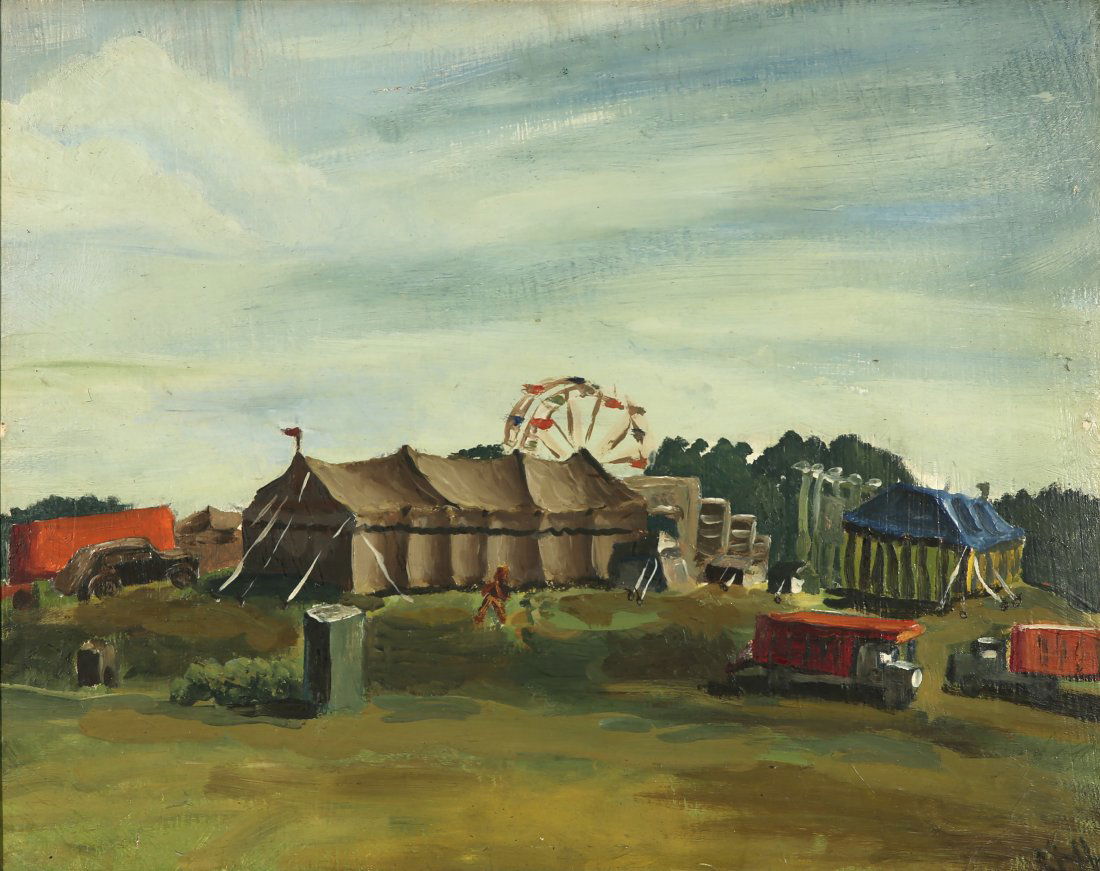 CHARLES N. KITT AMERICAN 1921-2002: The Big Top Carnival, oil on board, 16 x 20 in (40.6 x 50.8 cm), framed 20 x 23 1/2 in (50.8 x 60 cm), signed lower right, PROVENANCE: Private collector Connecticut
