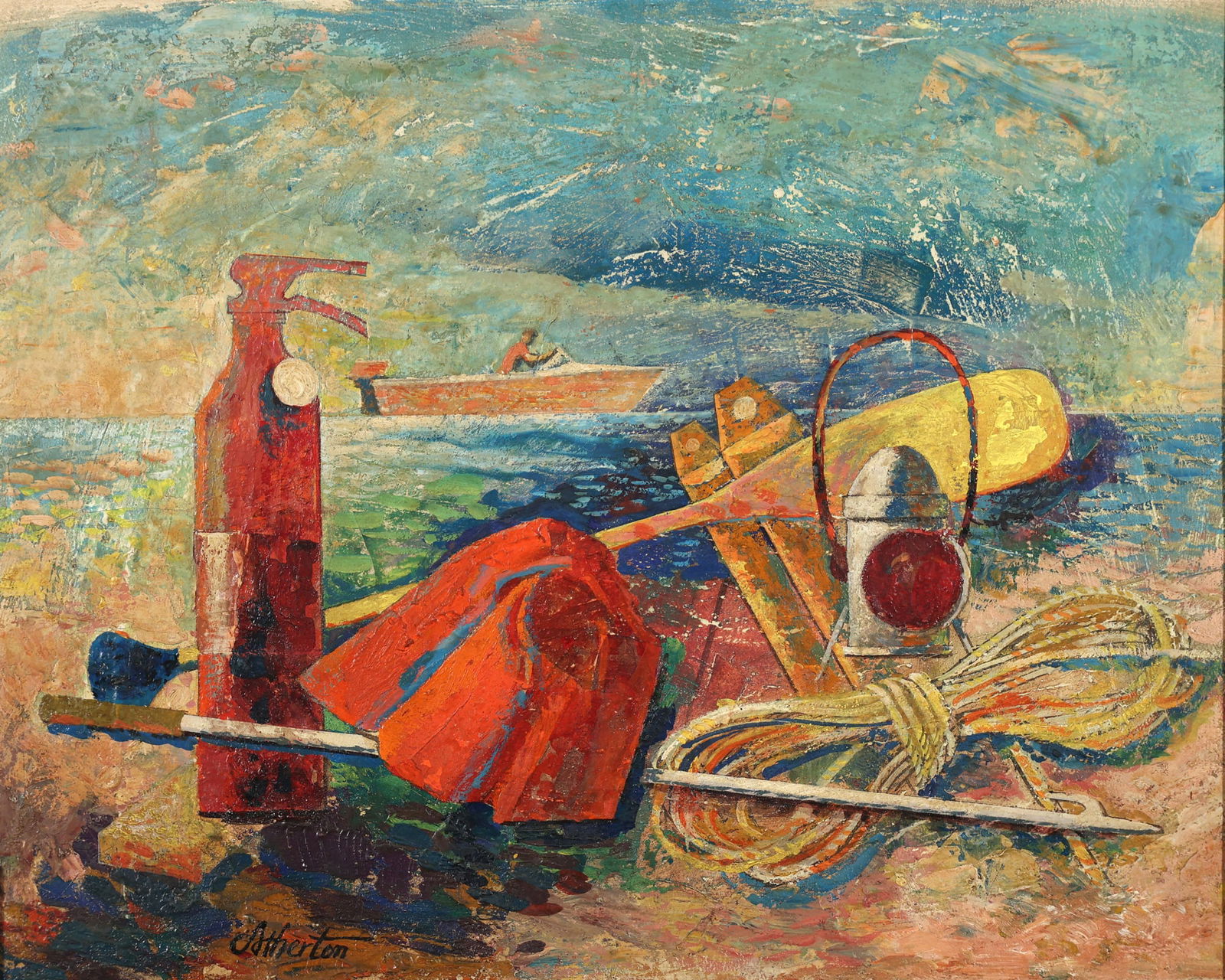 JOHN ATHERTON AMERICAN 1900-1952: Untitled, oil on board, 14 x 17 1/2 in (35.6 x 44.5 cm), framed 21 x 24 in (53.3 x 61 cm), signed lower left, PROVENANCE: May Granick Frame, 52 W. 56th St., NY