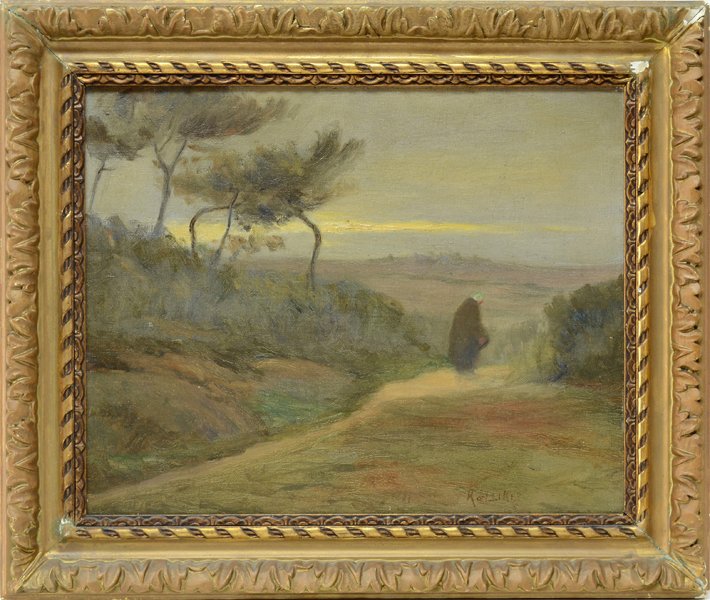 OSCAR KOELLIKER (SWISS 1882-): OSCAR KOELLIKER (SWISS 1882-) Dusk Along the River Oil on canvas 13 x 16 1/2 in (33 x 41.9 cm) Signed lower right PROVENANCE: Label verso. The Gallery , Sheraton Hotel, Tel Aviv, Isreal. Private colle