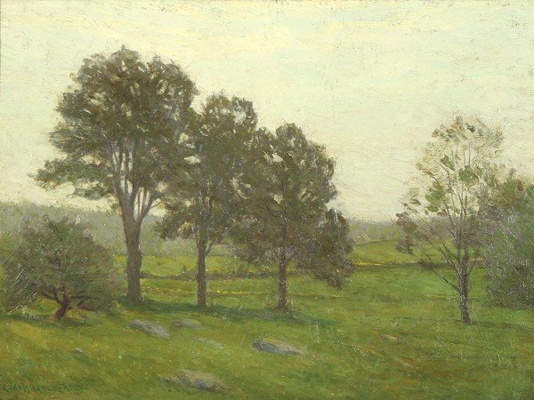 CHARLES WARREN EATON (AMERICAN 1857-1937): CHARLES WARREN EATON (AMERICAN 1857-1937) "Summer Landscape" (Probably Bloomfield, NJ) Oil on artist board (12 x 16 in (30.5 x 40.6 cm)