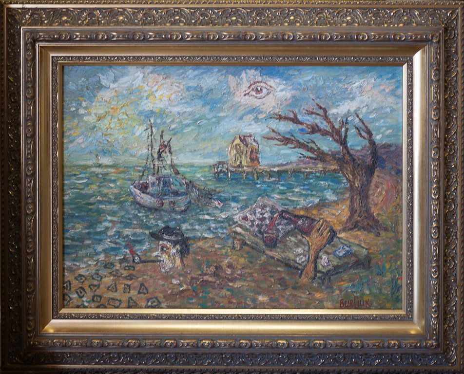 DAVID DAVIDOVICH BURLIUK (RUSSIAN/AMERICAN 1882-19: DAVID DAVIDOVICH BURLIUK (RUSSIAN/AMERICAN 1882-1967) "Eye in the Sky" Oil on canvas 13 3/4 x 19 3/4 (34.9 x 50.2 cm) signed lower right