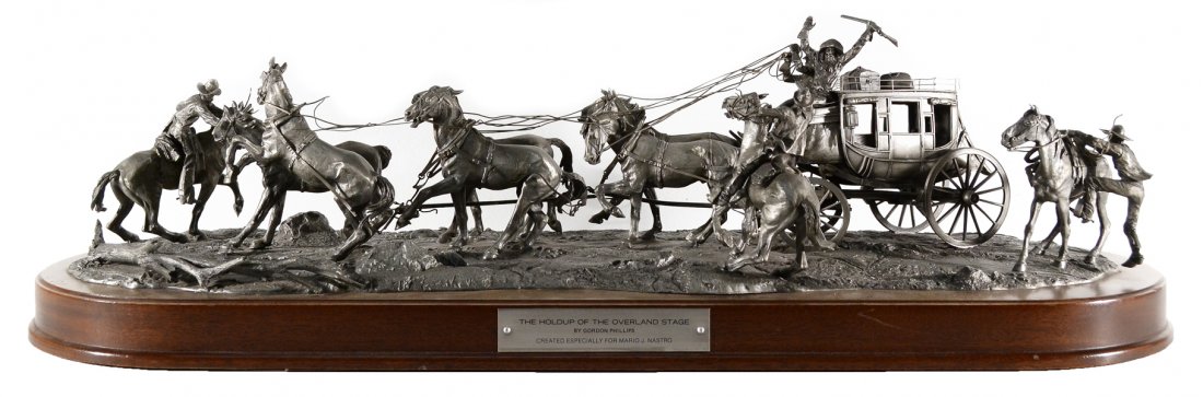 GORDON DALE PHILLIPS (AMERICAN 1927-2011): GORDON DALE PHILLIPS (AMERICAN 1927-2011) The Hold Up of the Overland Stage Pewter 24 x 7 x 6 1/2 in (61 x 17.8 x 16.5 cm) Signed on Base PROVENANCE: Preservation plaque affixed: with title and inscri