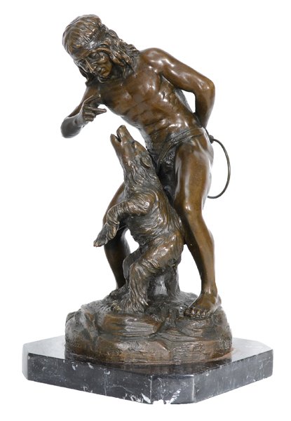 PAUL. WAYLAND BARTLETT (AMERICAN/FRENCH 1865-1925): PAUL. WAYLAND BARTLETT (AMERICAN/FRENCH 1865-1925) "The Bear Tamer" bronze 14 in height (35.6 cm) 1 inch marble base signed P. Bartlett lower front left on base,
