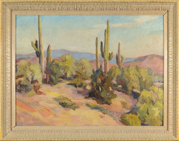 JOHN PORTER LEEPER (AMERICAN 1909-1985): JOHN PORTER LEEPER (AMERICAN 1909-1985) "Desert Scene" oil on cardboard 17 1/4 x 23 in (43.8 x 58.4 cm) signed verso with address Phoenix, Arizona PROVENANCE: Lee Wiley Estate (Singer)