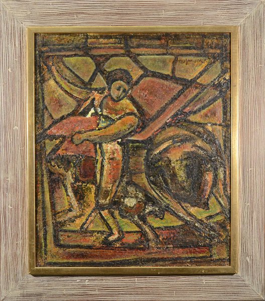 BENJAMIN D. KOPMAN (RUSSIAN/AMERICAN 1887-1965): BENJAMIN D. KOPMAN (RUSSIAN/AMERICAN 1887-1965) "THE BULL FIGHTER" Oil on canvas 25 3/4 x 21 1/4 in (65.4 x 54 cm) Signed upper right PROVENANCE: Verso label. The Gallery Sheraton Hotel, Tel Aviv Isre