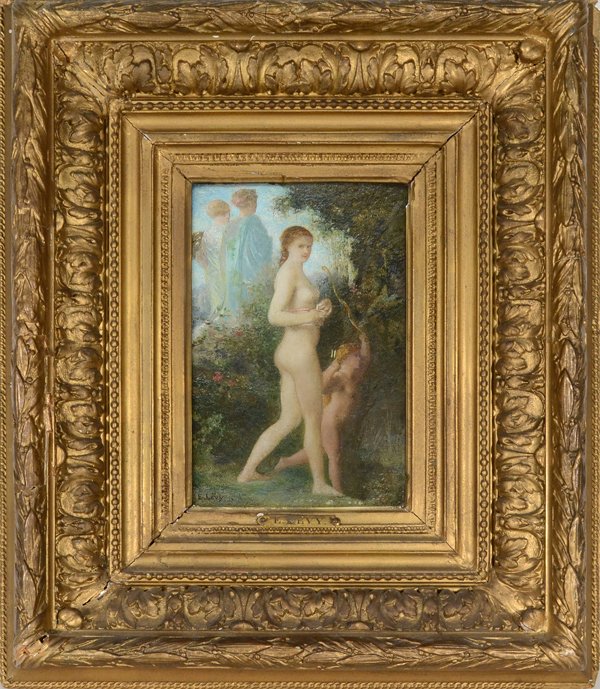 EMILE LEVY (FRENCH 1826-1890): EMILE LEVY (FRENCH 1826-1890), "Venus and Cupid" Circa 1860's , Oil on panel, 8 1/4 x 5 1/4 in (21 x 13.3) , Signed lower left , PROVENANCE: Hazeltine Gallery, Chestnut St., Philadelphia, PA label ver