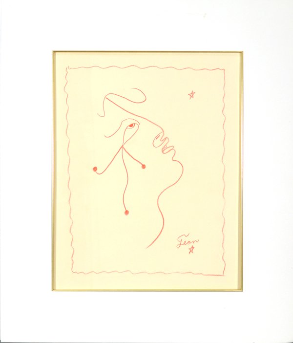 JEAN MAURICE EUGENE COCTEAU (FRENCH 1889-1963): JEAN MAURICE EUGENE COCTEAU (FRENCH 1889-1963), "Face of a Man" , Crayon, 15 1/2 x 12 1/2 in (39.4 x 31.8 cm) , Signed lower right ,