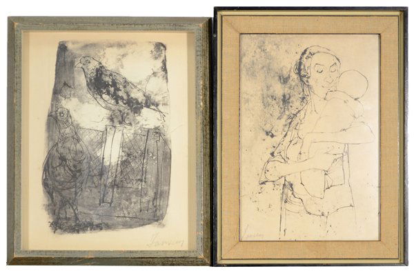 JEAN JANSEM (FRENCH B. 1920): JEAN JANSEM (FRENCH B. 1920), (1) "Pigeons" (2)"Mother and Child" (2 drawings in lot)(1)Ink and Charcoal, 9 1/2 x 7 1/2 in (24.1 x 19.1 cm) Signed lower right. (2) Mixed media 9 x 6 in (22.9 x 15.2 cm