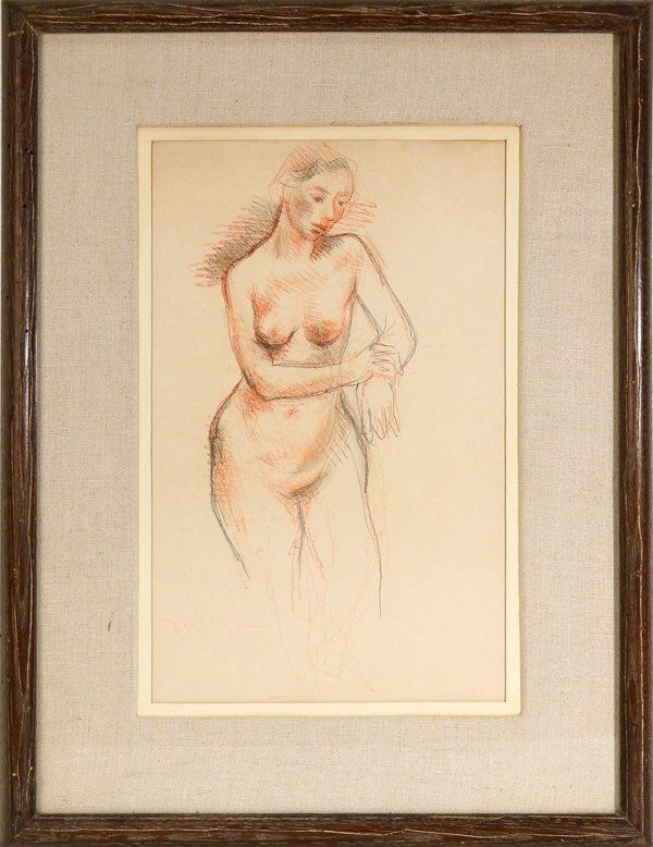 MOSES SOYER (AMERICAN 1899-1974): MOSES SOYER (AMERICAN 1899-1974), "Figure Study" , Pencil and colored conte crayon, 14 3/4 x 9 1/2 in (37.5 x 24.1 cm) , Signed lower left. ,