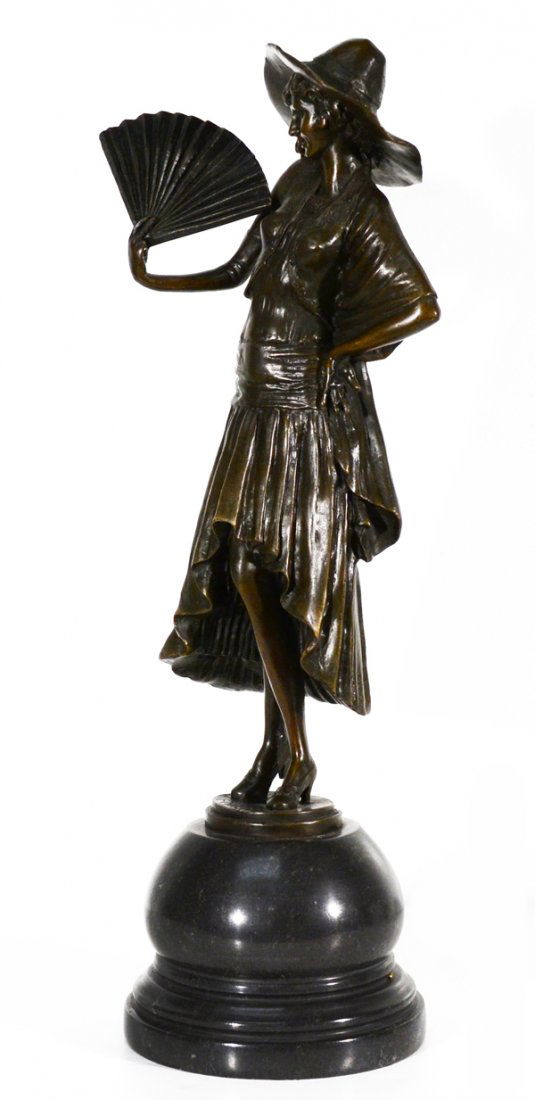 P. PAUL PHILIPPE (FRENCH 1870 - 1930): P. PAUL PHILIPPE (FRENCH 1870 - 1930), "Lady With a Fan" , Bronze, 18 3/4 in (47.6 cm) , signed on base ,