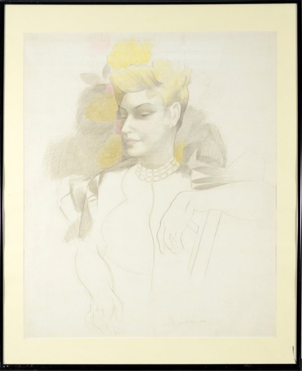AUGUST MOSCA (ITALIAN/AMERICAN 1909 - 2002): AUGUST MOSCA (ITALIAN/AMERICAN 1909 - 2002), "Woman with Swept Up Hair" , pencil and crayon, 25 1/4 x 20 1/4 in (64.1 x 51.4 cm) , signed lower middle, dated 1962 , PROVENANCE: : Daniel Lewitt Gallery