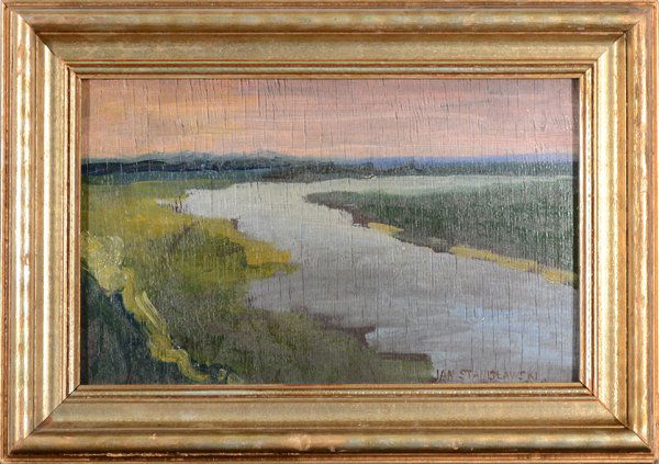 JAN STANISLAWSKI (POLISH 1860-1907): JAN STANISLAWSKI (POLISH 1860-1907), "Bend in the River" , Oil on wood panel, 6.1 x 9.9 in (15.4 x 25.2 cm) , Signed lower right ,