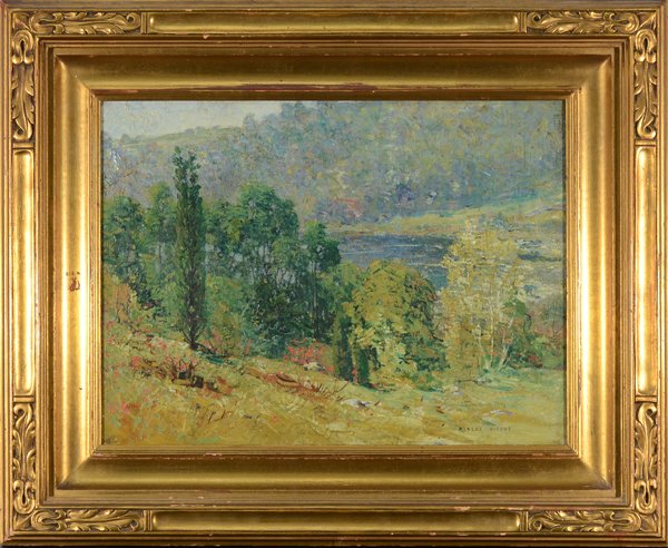 ROBERT NISBET AMERICAN 1879-1961: ROBERT NISBET AMERICAN 1879-1961 , "A Glimpse of the Lake" (Kent, Connecticut) , Oil on canvas , 12 x 16 in (30.5 x 40.6 cm) , signed lower right, titled and resigned verso PROVENANCE: Salmagundi Exhi
