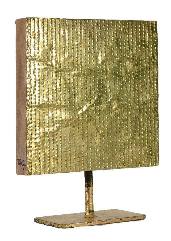 MATHIAS GOERITZ MEXICAN/SPANISH 1915-1990: MATHIAS GOERITZ MEXICAN/SPANISH 1915-1990 , "Untitled" , Perforated tin and gold on a painted fra , 12 x 9 in (30.5 x 22.9 cm) measurement includes a 3 inch stand , intialled on wood MG PROVENANCE: Th