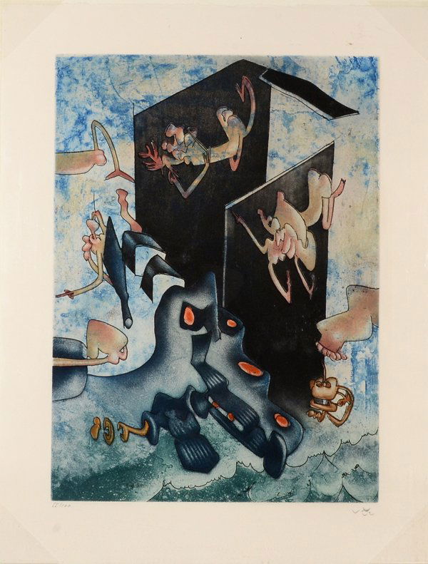 ROBERTO MATTA CHILEAN 1911-2002: ROBERTO MATTA CHILEAN 1911-2002 , "A Dense de La Morte", 1972 , Etching with aquatint , Paper size 26 x 20 in (66 x 50.8 cm) Image size 19 3/8 x 15 in (49.2 x 38.1 cm) , pencil signed lower right, edi