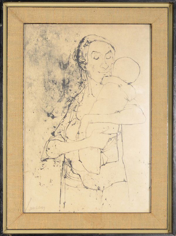 JEAN JANSEM FRENCH B.1920: JEAN JANSEM FRENCH B.1920 , "Mother and Child" , Pen, Ink and Charcoal , 9 x 6 in (22.9 x 15.2 cm) , signed lower left