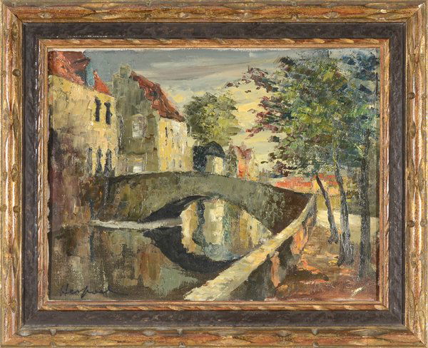 LEON FRANCOIS J. HERBOSCH BELGIUM B.1939: LEON FRANCOIS J. HERBOSCH BELGIUM B.1939 , "Bruges Canal Scene" , Oil on canvas , 13 1/2 x 17 in (34.3 x 43.2 cm) , signed lower left