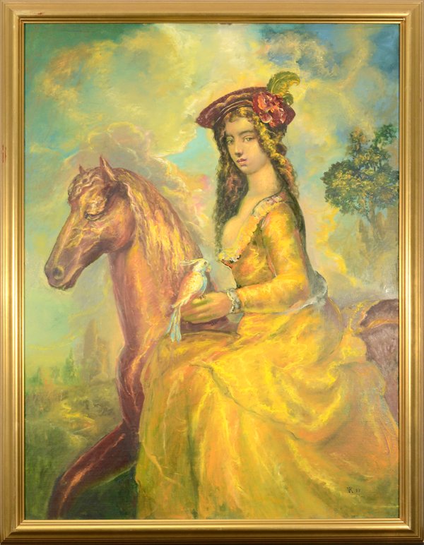 KAITZAG VANIKIAN ARMENIAN B.1961: KAITZAG VANIKIAN ARMENIAN B.1961 , "A Girl with a Parrot", dated 1998 , Oil on canvas , 47 x 38 in (120 x 90 cm) , signed lower right, titled and signed verso