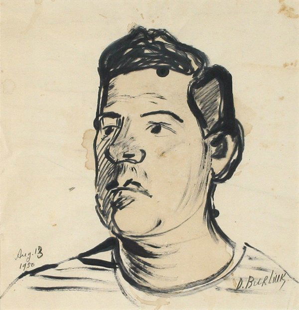 DAVID DAVIDOVICH BURLIUK RUSSIAN/AMERICAN 1882-1967: DAVID DAVIDOVICH BURLIUK RUSSIAN/AMERICAN 1882-1967, "Portrait of a Young Boy", Pen and Ink drawing, 12 x 11 in (30.5 x 27.9 cm), signed middle left, dated 1950