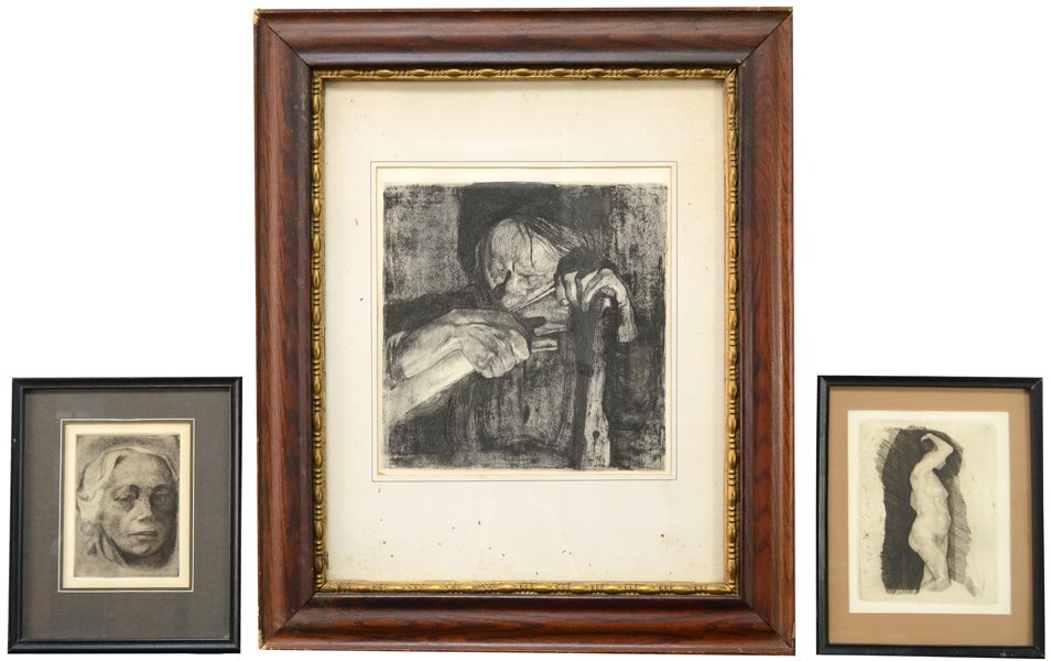 KATHE KOLLWITZ (GERMAN 1867-1945: KATHE KOLLWITZ (GERMAN 1867-1945)"Sharpening the Scythe, Self Portrait, Nude", 3 etching in lot Etchings (Restrike from original plates 5.75 x 4 in , 7 x 5.375 in , 11.25 x 11.25 in ) A certificate of