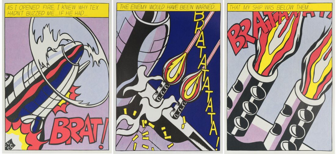ROY LICHTENSTEIN (AMERICAN 1923-1997): ROY LICHTENSTEIN (AMERICAN 1923-1997) "As I Opened Fire" (Triptych), 1966 , 3 offset color lithographs each sheet 25 1/8 x 20 7/8 in. (63.7 x 52.9 cm)