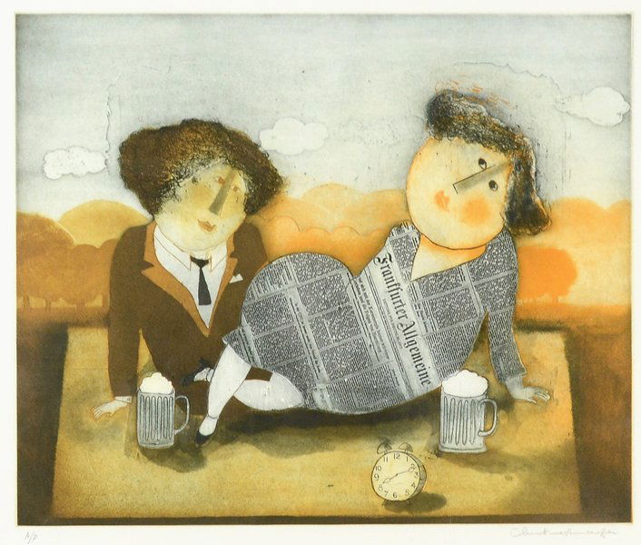 GRACIELA RODO BOULANGER (BOLIVIAN B.1935): GRACIELA RODO BOULANGER (BOLIVIAN B.1935) "Conversation" Lithograph 14.5 x `17.5 in (36.8 x 44.5 cm) signed indistinctly lower right, dated 1933, Artist Proof