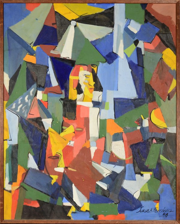 JESSE A. FERNANDEZ (CUBAN/AMERICAN/SPANISH 1925-1986): "Landscape with Figures" , oil on canvas , 38 x 30 in (96,5 x 76.2 cm) signed lower right, dated 1948, titled on stretcher