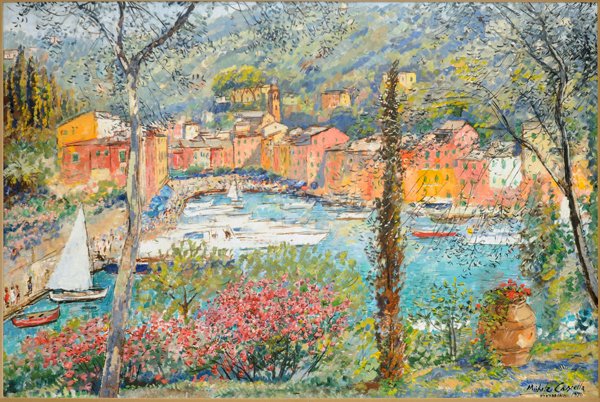 MICHELE CASCELLA (ITALIAN 1892-1989): "Pressagio a Fleurs a Portofino", oil on canvas, (40 x 60 in framed 50 x 70 in(101.6 cm x 152.4 cm framed 127 cm x 177.8 cm) ,signed lower right and titled Portofino, 1970, PROVENANCE: Galerie Juarez,