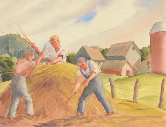 HARRY LEITH ROSS (MAURITIUS/AMERICAN 1886-1973): "Haying the Field", watercolor, 14 x 18 in (35.6 x 45.7 cm) signed lower right