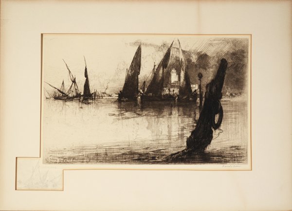 LOUIS ORR (AMERICAN 1879-1961: "The Gracht", Fishing Boats , etching 9 1/2 x 15 1/4 in (24.1 x 38.7 cm pencil signed lower right, Artist proof with pencil drawing lower left corner