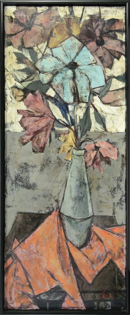 CHARLES LEVIER FRENCH 1920-2004: "Flowers on the Table" , oil on canvas , 48 x 19 1/2 in (128.3 x 50.8 cm) , signed lower right