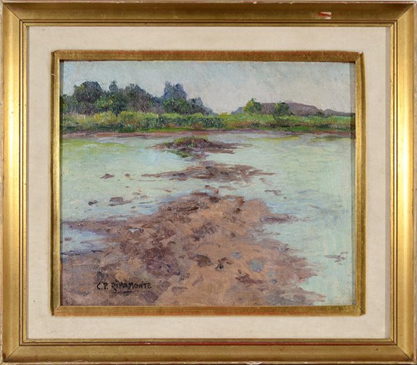 CARLOS PABLO RIPAMONTE ARGENTINIAN 1874-1968: "Coastal Scene" , oil on masonite , 10 1/2 x 12 3/4" (26.7 x 32.4 cm) , signed lower left, PROVENANCE: Exhibition Label from Ministerio deAsuntos Exteriores