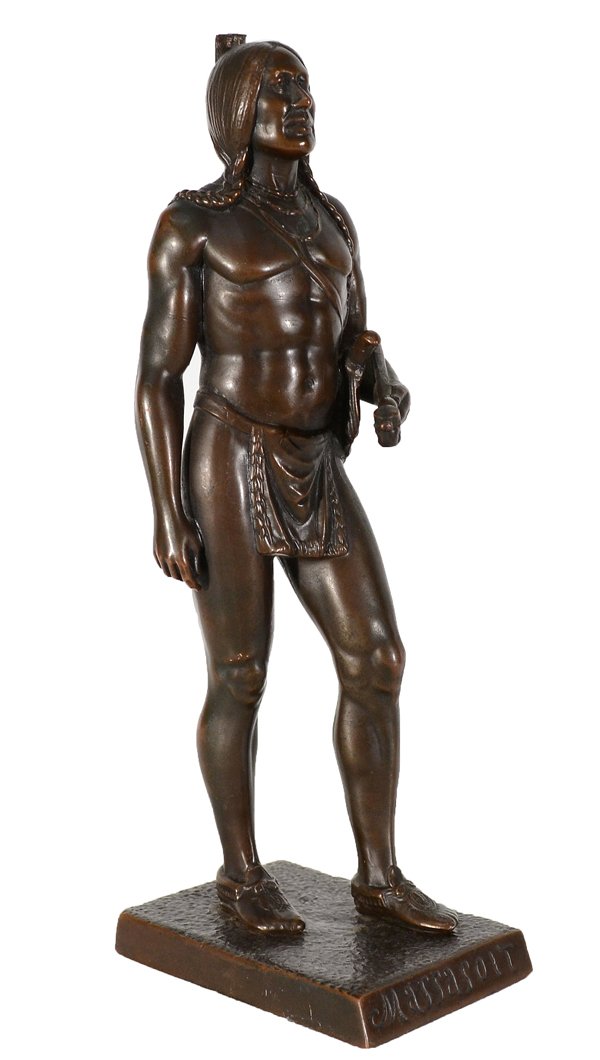 CYRUS EDWIN DALLIN (AMERICAN 1861-1944): "Massasoit, Chief of the Wampananos", circa 1920, bronze with dark brown patina, 11 x 2 3/4 x 4 in (27.9 x 7.0 x 10.2 cm), signed "Dallin" and inscribed "Massasot" within cast on base
