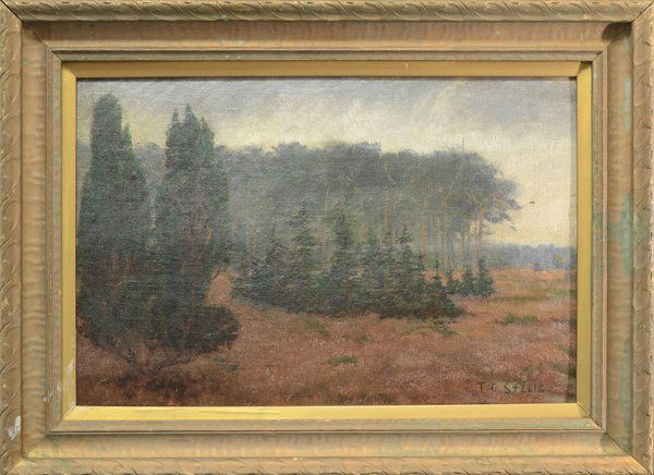THEODORE CLEMENT STEELE AMERICAN 1847-1926: "Summer Landscape" (Probably Brown County Indiana) , oil on canvas laid on panel , 11 3/4 x 18 1/4 in (29.8 x 46.4 cm) , signed lower right