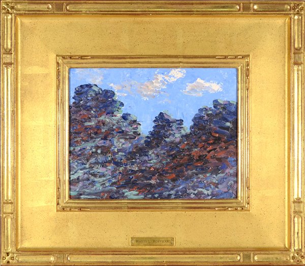 HARRY HOFFMAN AMERICAN 1871-1964: "Old Lyme Landscape" , oil on artist board , 8 x 9 3/4 in (20.3 x 24.8 cm) , estate stamp verso