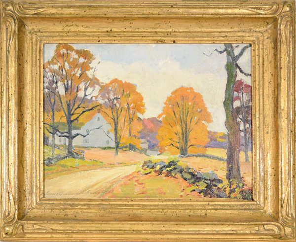 JAMES GOODWIN MCMANNIS AMERICAN 1882-1958: "Judge Marvin Farm" Old Lyme, CT , oil on canvas , 12 X 16 in (30.5 X 40.6 cm) , signed lower left, dated 1943, signed additionally verso with a date of Oct. 16th