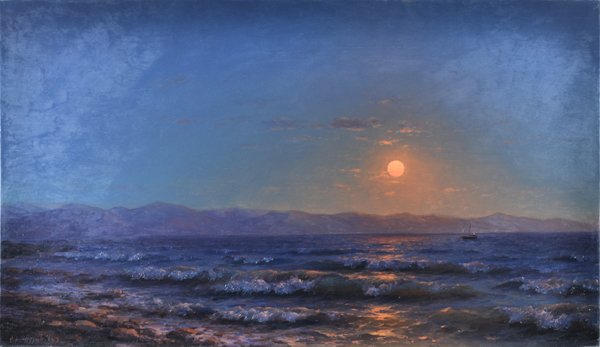 VACHAKAN ISPIRIAN ARMENIAN 20TH CENTURY: "Moonlight with Waves" , oil on canvas, 27 1/2 x 47 1/4 in (69.9 x 120 cm) signed lower left