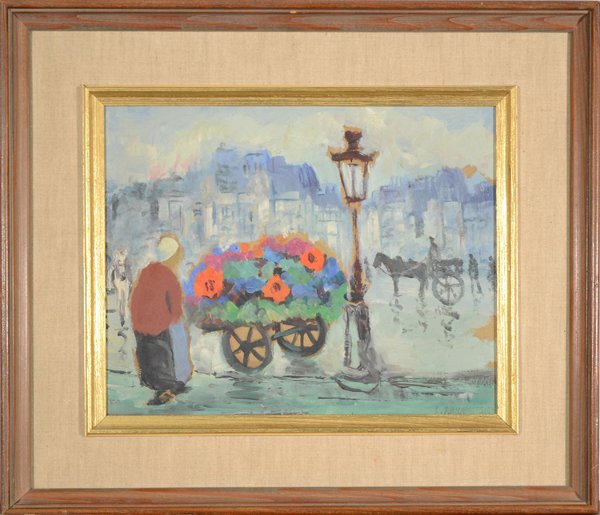 ISRAEL ABRAMOFSKY RUSSIAN/AMERICAN 1888-1975: "The Flower Vendor" , oil on panel , 8 x 10 in (20.3 x 25.4 cm) , signed lower right