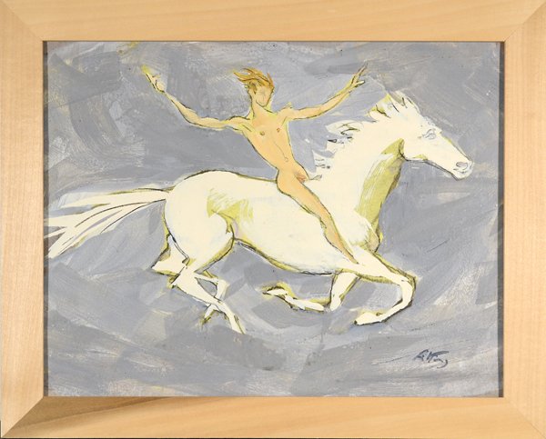 EMLEN POPE ETTING AMERICAN 1905-1993: "Man on a White Horse" , mixed media , 10 1/2 x 13 3/4 in (26.7 x 34.9 cm) , signed lower right