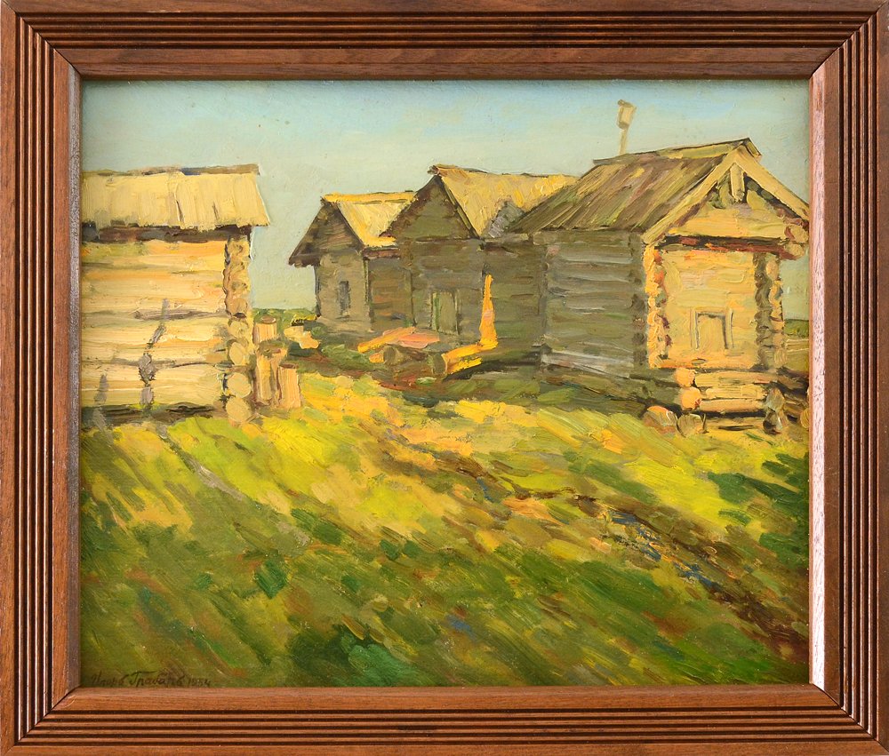 IGOR EMANUILOVICH GRABAR (ATTR) (RUSSIAN 1871-1960): "Log Cabins", oil on cardboard, 15 3/5 x 17 in (39.5 x 45 cm), signed lower left, dated 1954