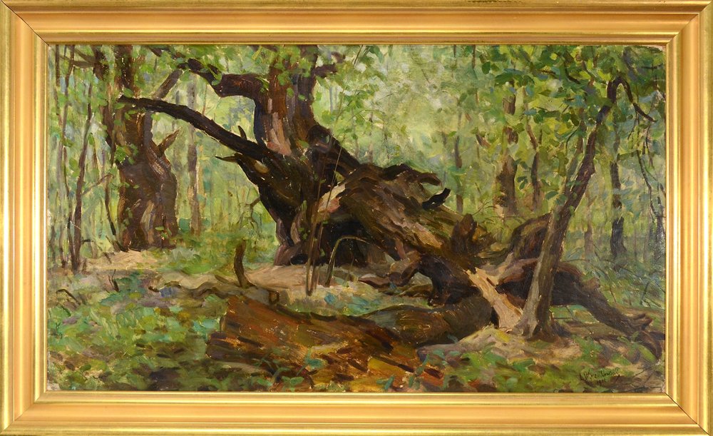 LEON WYCZOLKOWSKI (POLISH 1852-1936): "Forest Interior", oil on paper laid on board, 22 x 39 2/5 in (56 x 100 cm), signed lower right, dated 1911 PROVENANCE: From the estate collection of Dr. Wladimir Sokowski, Darrien, IL