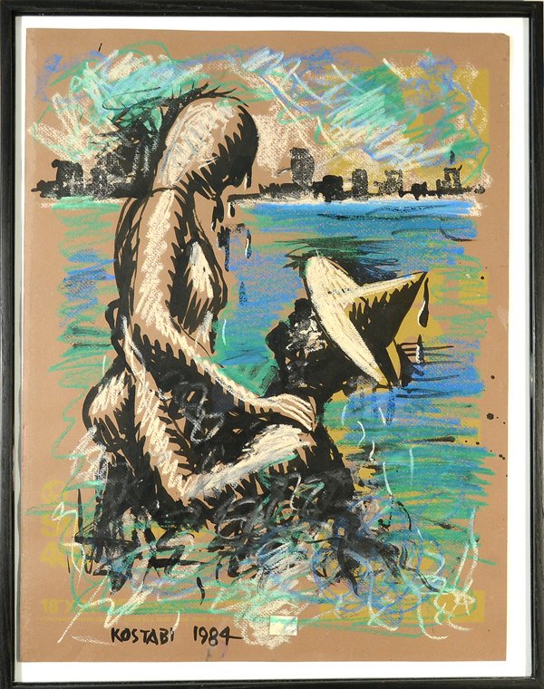 MARK KOSTABI (AMERICAN B.1960): "Lovers on the Hudson River" 1984 , mixed media on Strathmore artist notebook, 18 x 24 in (45.7 x 60.9 cm) , ink signed lower left ,