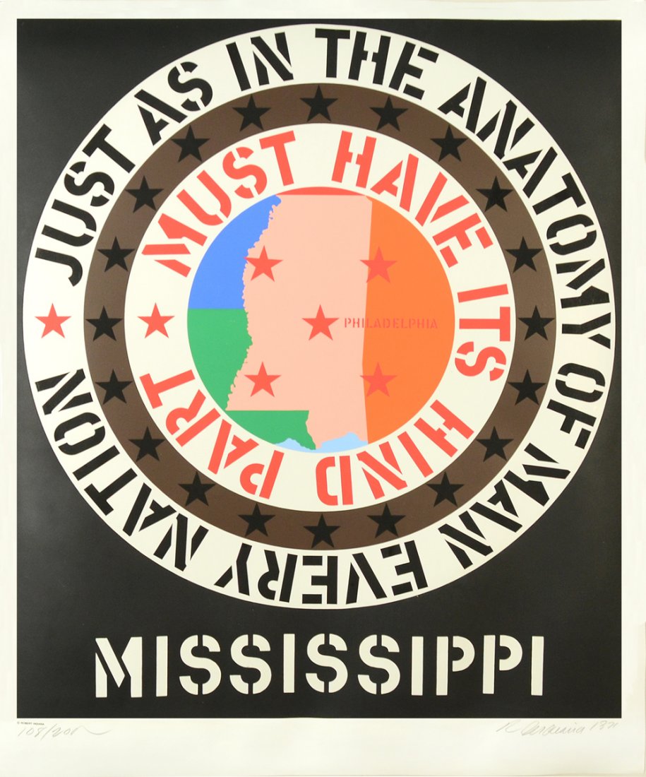 ROBERT INDIANA (AMERICAN B.1928): "Mississippi",Serigraph ,38 3/4 x 31 1/8 in (98.43 x 78.7 cm) , pencil signed lower right , edition 108/200 ,