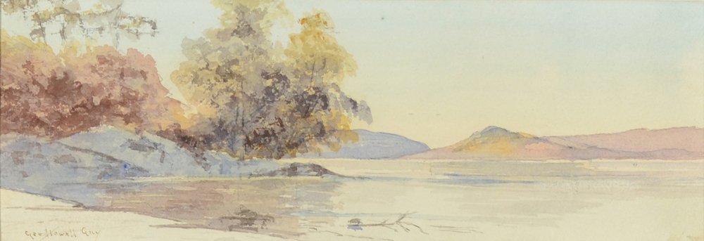 GEORGE HOWELL GAY (AMERICAN 1858-1931): "Lake Scene" , watercolor , 4 3/4 x 13 1/2 in (12.06 x 34.29 cm) , signed lower left