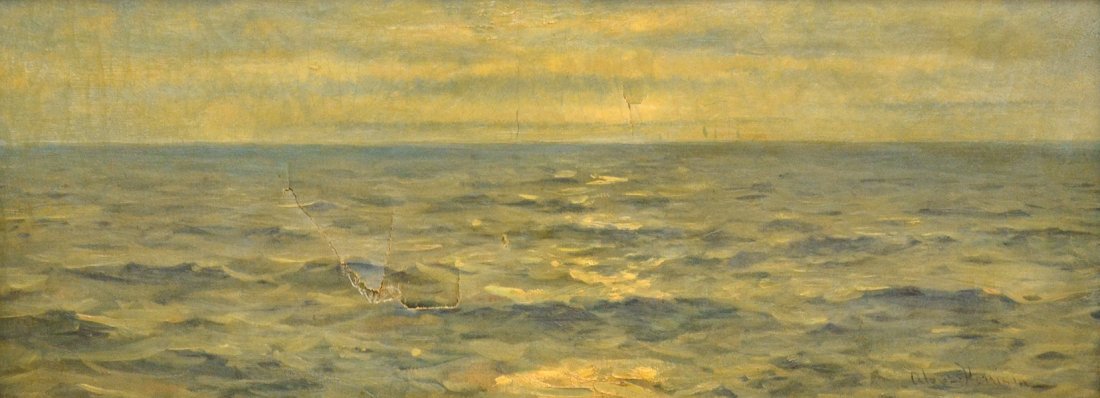 THOMAS ALEXANDER HARRISON (AMERICAN 1853-1930: Sunset Reflection on the Water , oil on canvas , 11 1/4 x 29 in (28.6 x 73.7 cm) , signed lower right
